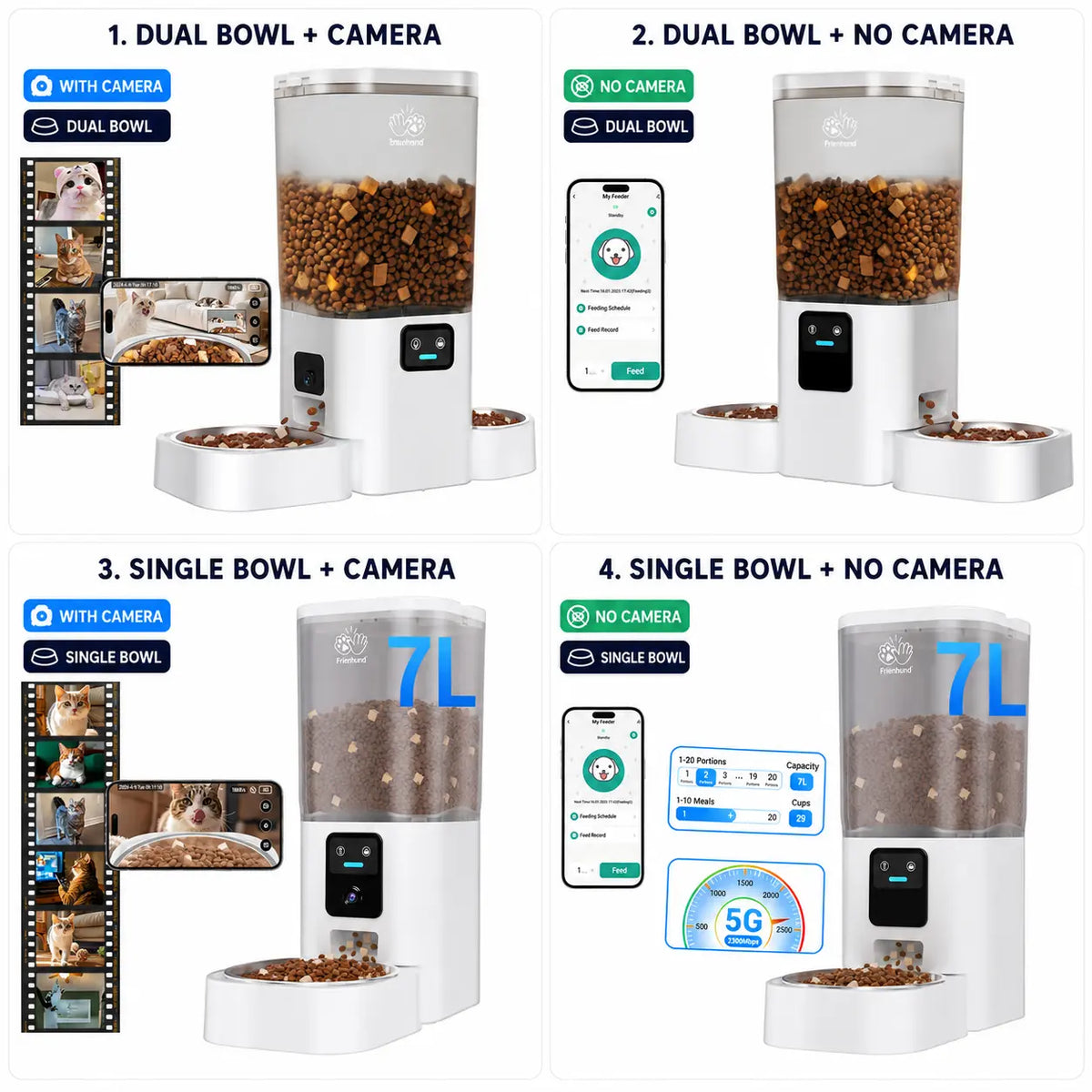 Frienhund Dual Camera Smart Pet Feeder - Options for Camera Integration, 7L Dry Food Capacity, 1080P HD Monitoring with Night Vision, Slow Feed Mode, App Remote Control, Timed & Portion Feeding, Dual Stainless Steel Bowls for Multi-Pet Households