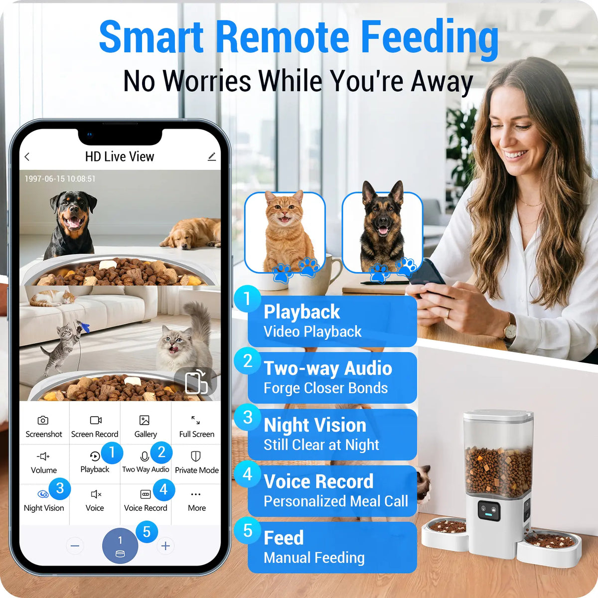 Frienhund Dual Camera Smart Pet Feeder - Options for Camera Integration, 7L Dry Food Capacity, 1080P HD Monitoring with Night Vision, Slow Feed Mode, App Remote Control, Timed & Portion Feeding, Dual Stainless Steel Bowls for Multi-Pet Households
