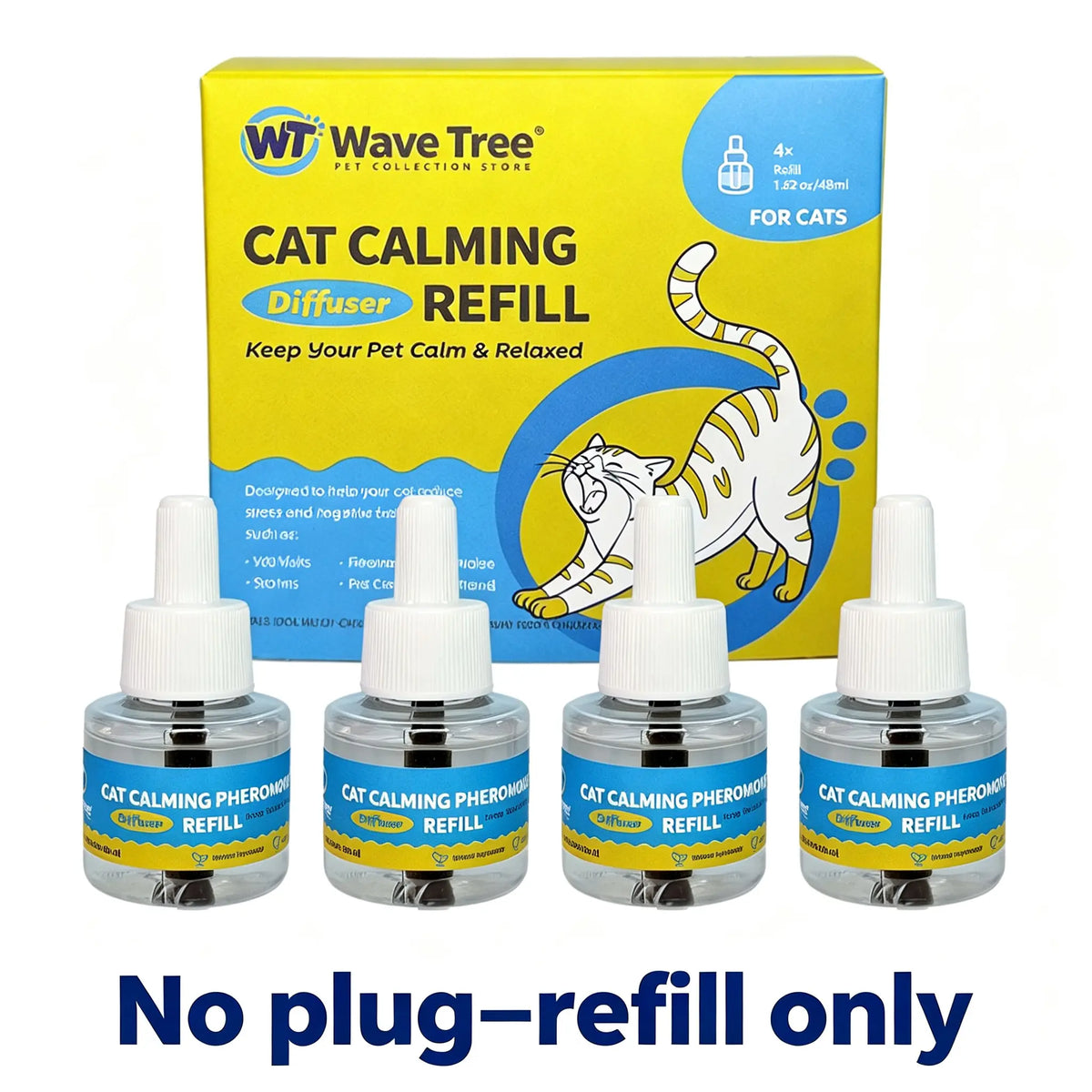 Wavetree Cat Calming Pheromone Diffuser Refill Kit (4 Pack, 120-Day Supply) - 48 ml Odorless Non-Toxic Liquid for Stress Relief in Cats during Environmental Changes, Perfect for Living Spaces