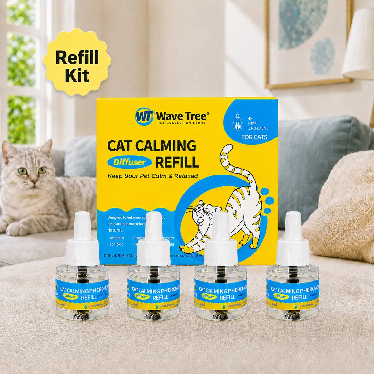 Wavetree Cat Calming Pheromone Diffuser Refill Kit (4 Pack, 120-Day Supply) - 48 ml Odorless Non-Toxic Liquid for Stress Relief in Cats during Environmental Changes, Perfect for Living Spaces