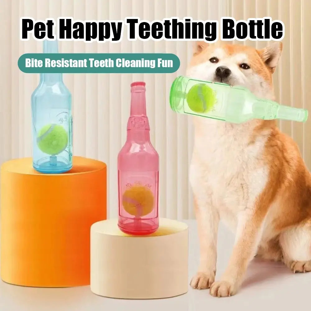 TPR Plastic Bottle-Shaped Dog Chew Toy with Tennis Ball - Interactive Fetch and Tug Toy for Small to Medium Dogs, Durable for Dental Relief and Indoor-Outdoor Play