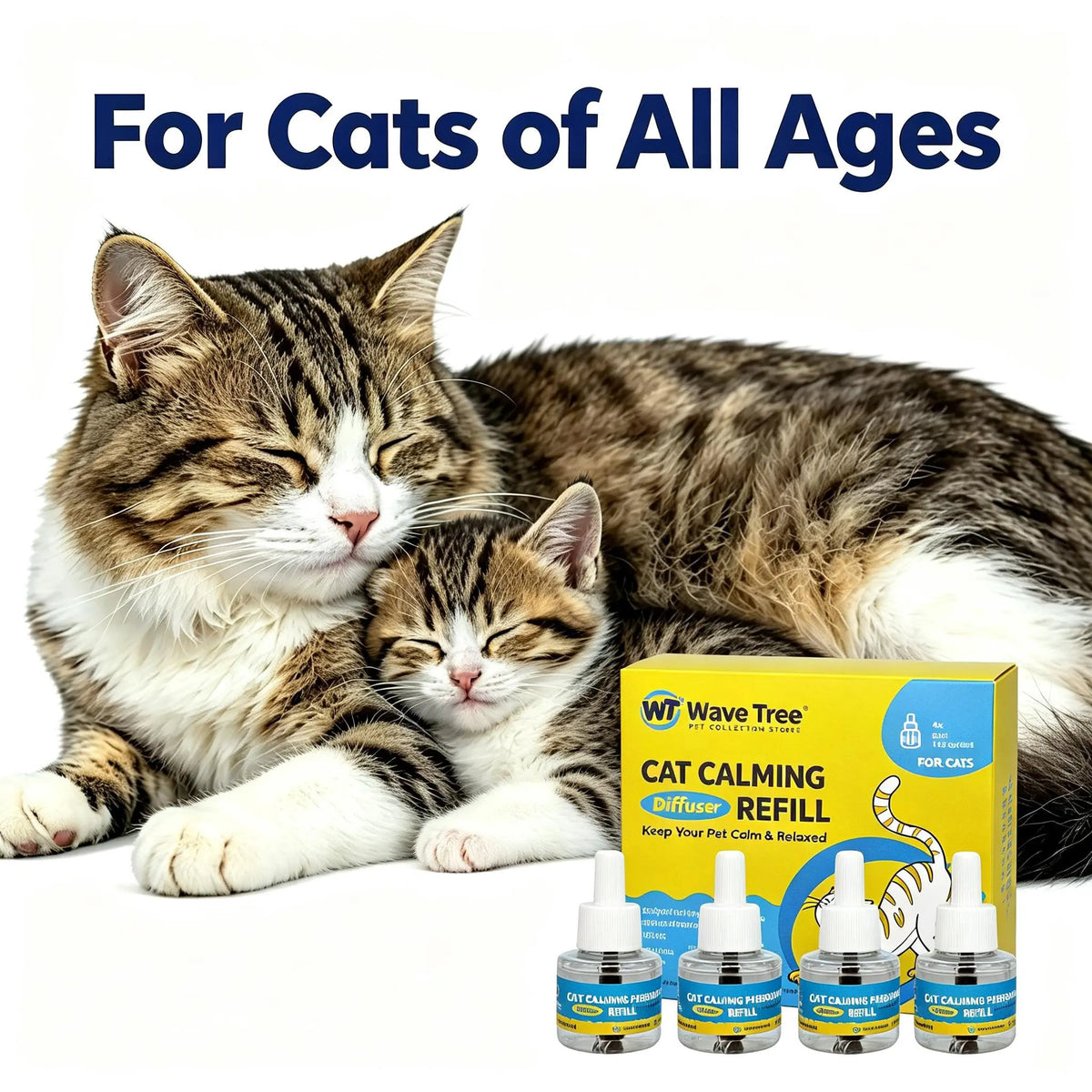 Wavetree Cat Calming Pheromone Diffuser Refill Kit (4 Pack, 120-Day Supply) - 48 ml Odorless Non-Toxic Liquid for Stress Relief in Cats during Environmental Changes, Perfect for Living Spaces