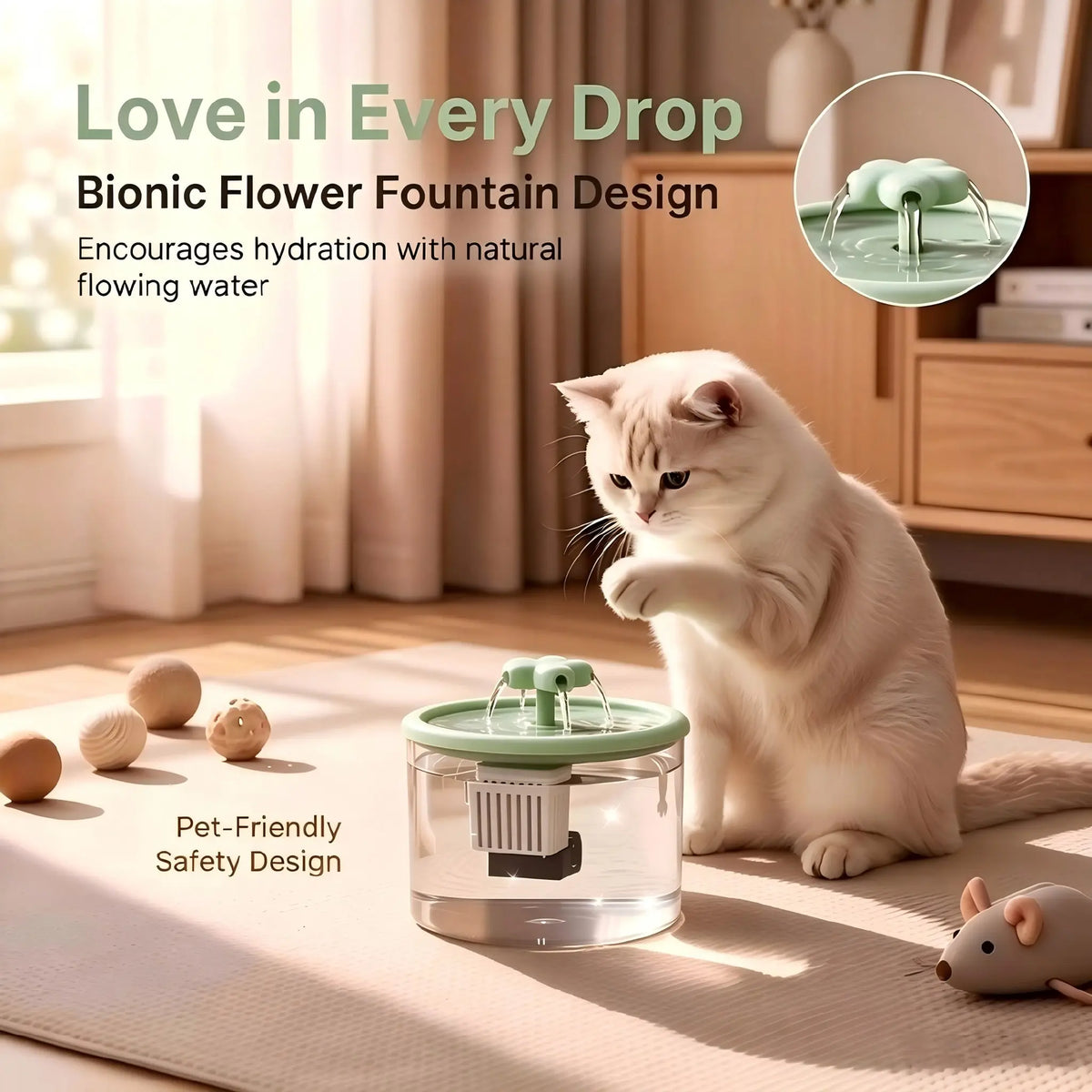 Cat Water Fountain Dispenser with Transparent Design, Quiet Operation, USB Power, and Recirculating Filter for Indoor Use