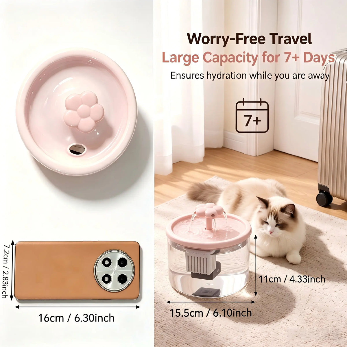 Cat Water Fountain Dispenser with Transparent Design, Quiet Operation, USB Power, and Recirculating Filter for Indoor Use