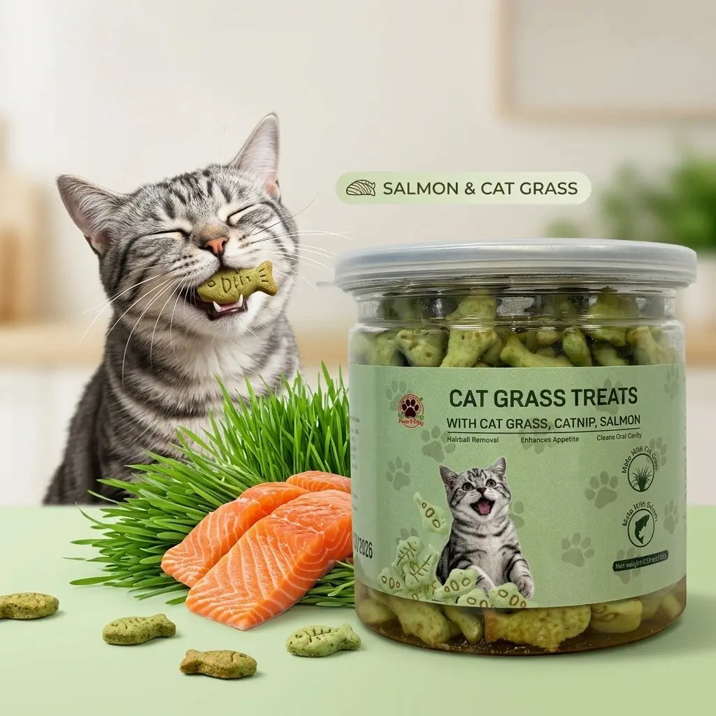 Freeze-Dried Salmon Cat Grass Treats - Fish-Shaped Hairball Aid Snacks for Kittens, Supporting Dental Health, Fresh Breath, and Cat Training