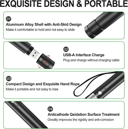 Rechargeable Green Laser Pointer and Line Light Flashlight for Long-Distance Use in Presentations, TV/LED/LCD Screens, Office, Outdoors, and Pet Activities