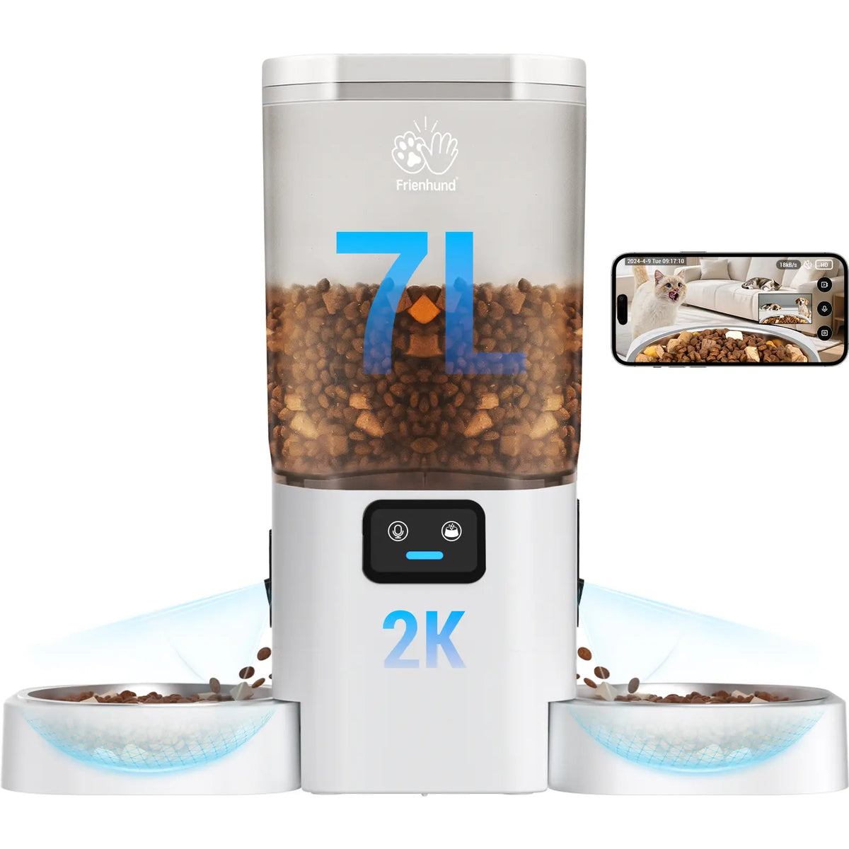 Frienhund Dual Camera Smart Pet Feeder - Options for Camera Integration, 7L Dry Food Capacity, 1080P HD Monitoring with Night Vision, Slow Feed Mode, App Remote Control, Timed & Portion Feeding, Dual Stainless Steel Bowls for Multi-Pet Households