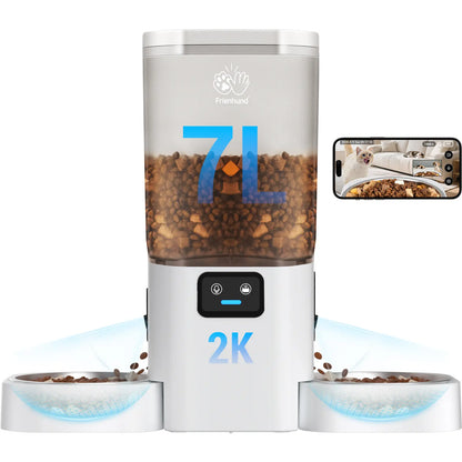 Frienhund Dual Camera Smart Pet Feeder - Options for Camera Integration, 7L Dry Food Capacity, 1080P HD Monitoring with Night Vision, Slow Feed Mode, App Remote Control, Timed & Portion Feeding, Dual Stainless Steel Bowls for Multi-Pet Households