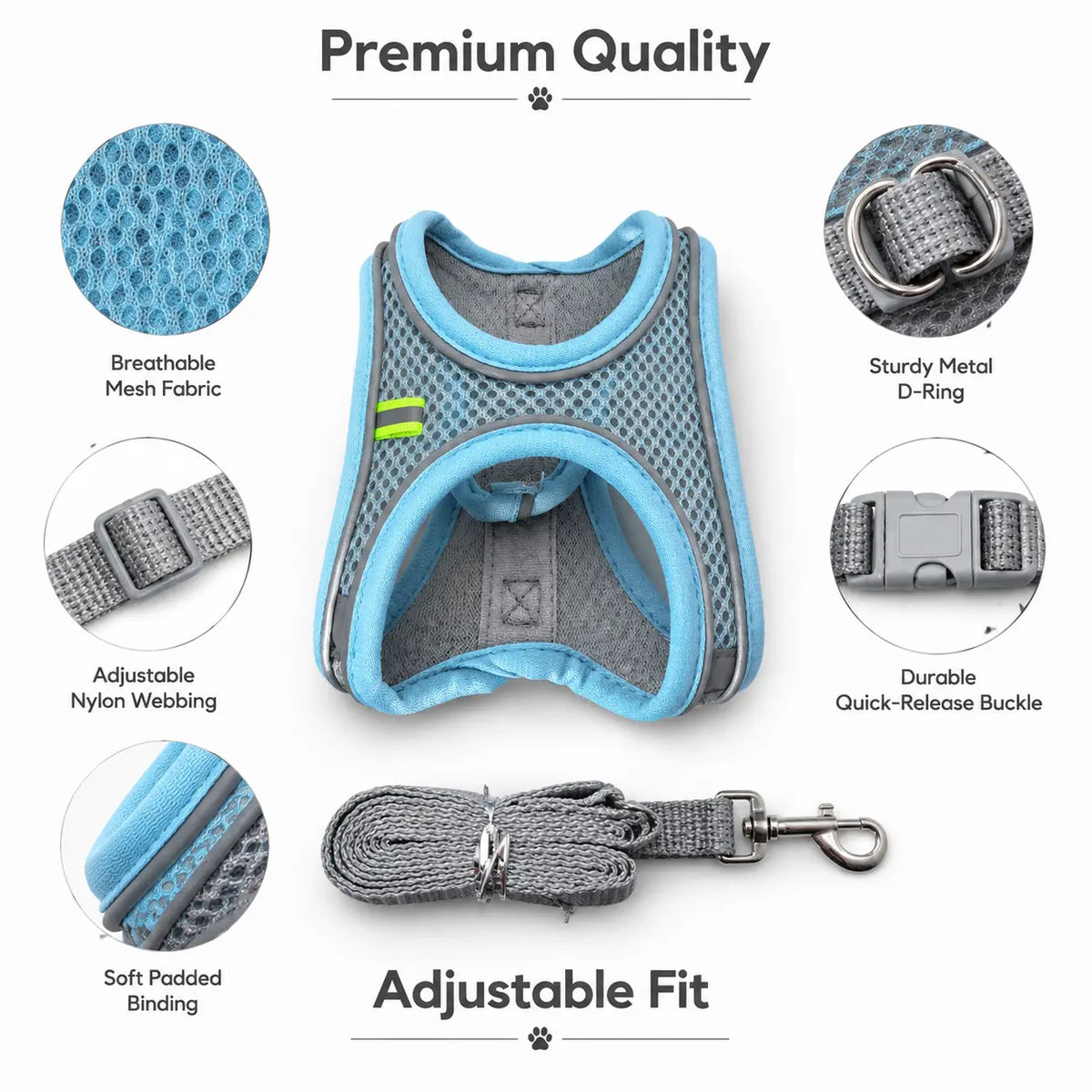 Breathable Mesh Pet Harness and Leash Set - No Pull, Escape-Proof Vest with Reflective Strip for Small to Medium Dogs and Cats - Adjustable Soft Padded Design for Walking and Training