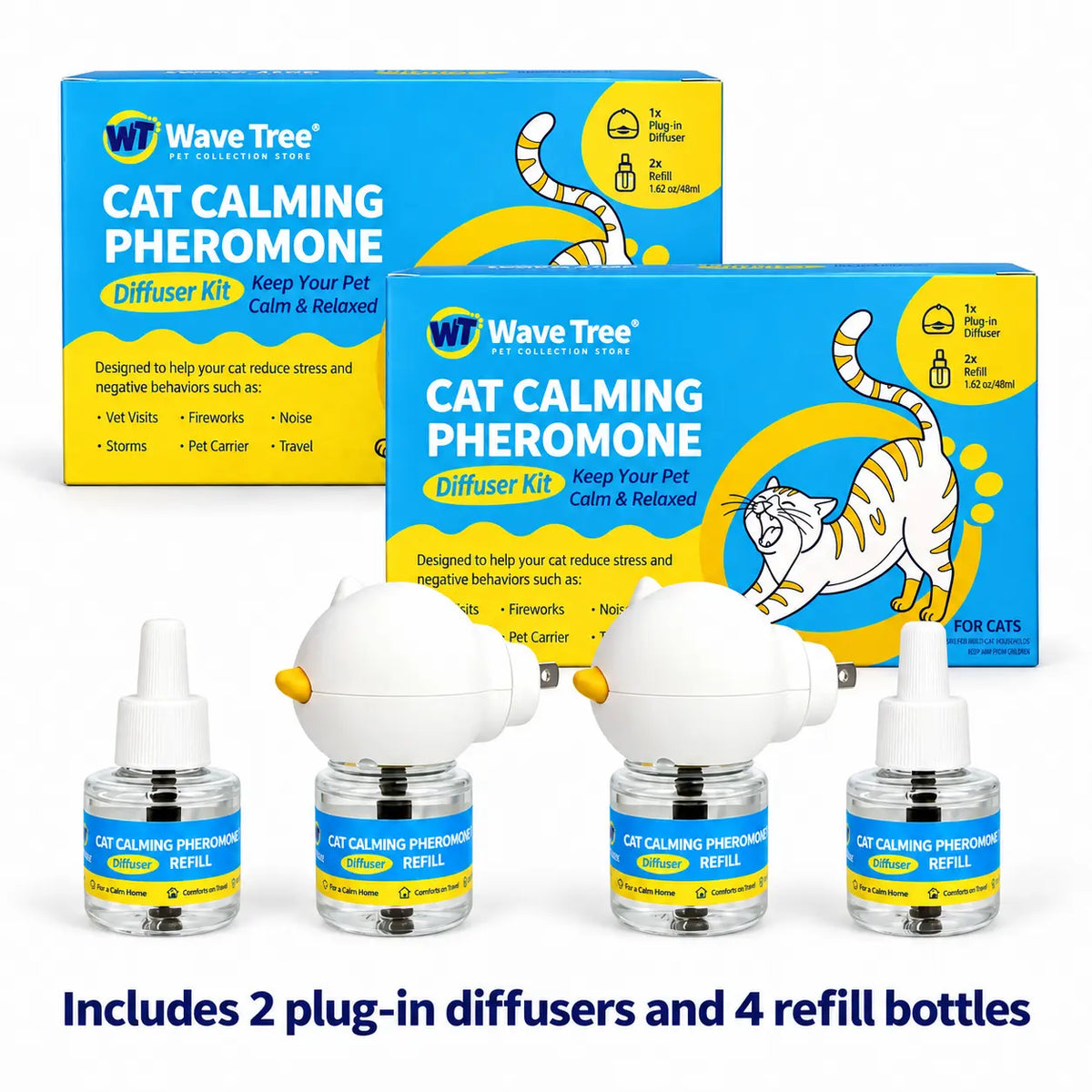 Wavetree Cat Calming Pheromone Diffuser Refill Kit (4 Pack, 120-Day Supply) - 48 ml Odorless Non-Toxic Liquid for Stress Relief in Cats during Environmental Changes, Perfect for Living Spaces