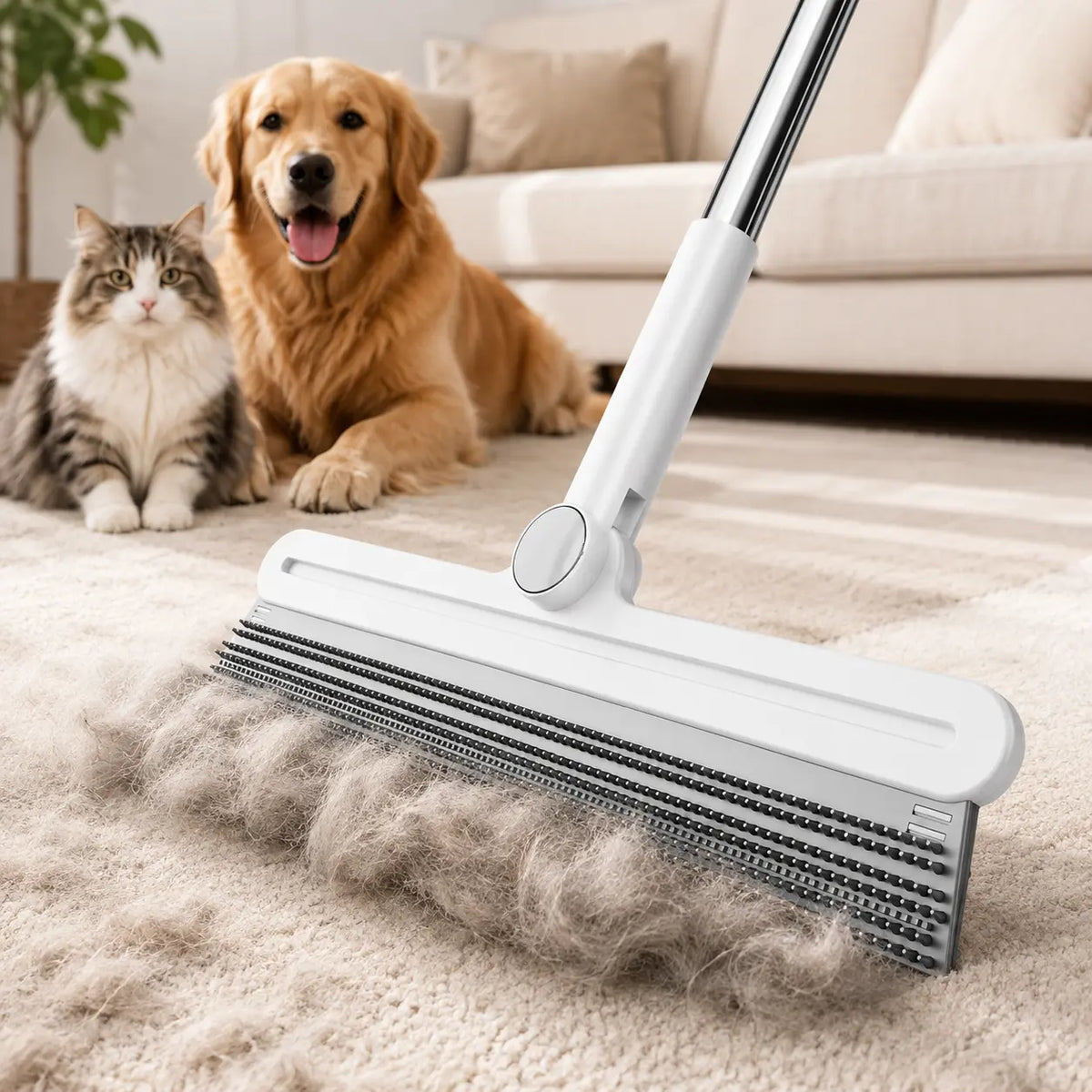 Professional Pet Hair Remover Rake and 180° Rotating Broom, Reusable Wet/Dry Squeegee and Silicone Scrubber for Carpets, Upholstery, Hardwood Floors, Bathrooms, and Pet Areas - Lint Roller Alternative for Rugs, Beds, Mats, and Furniture