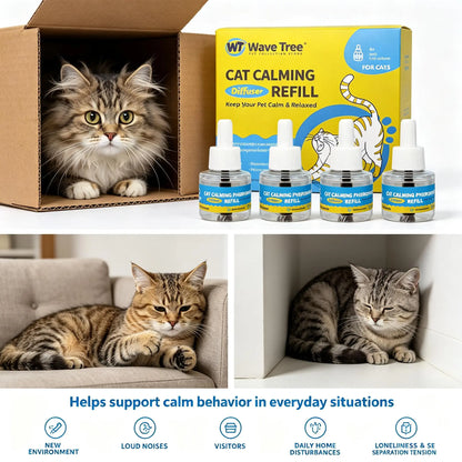 Wavetree Cat Calming Pheromone Diffuser Refill Kit (4 Pack, 120-Day Supply) - 48 ml Odorless Non-Toxic Liquid for Stress Relief in Cats during Environmental Changes, Perfect for Living Spaces