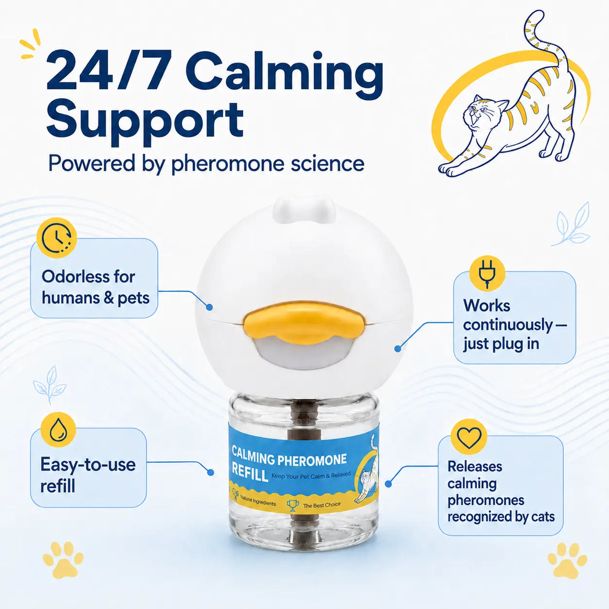 Wavetree Cat Calming Pheromone Diffuser Refill Kit (4 Pack, 120-Day Supply) - 48 ml Odorless Non-Toxic Liquid for Stress Relief in Cats during Environmental Changes, Perfect for Living Spaces