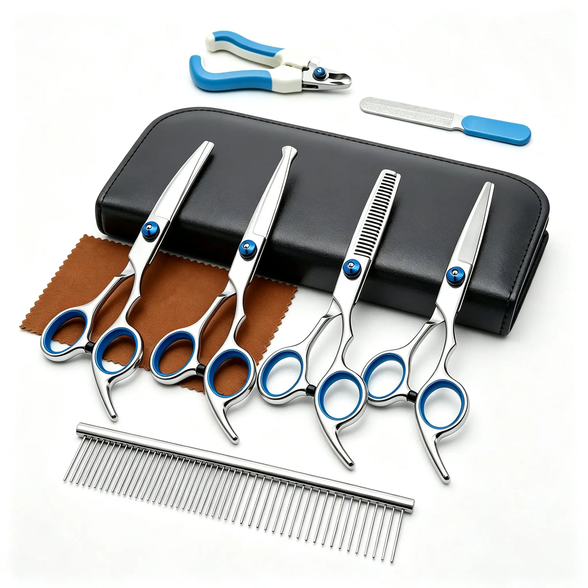 9-In-1 Professional Grooming Scissors Kit for Dogs and Cats - Ergonomic Design with Precise Cutting, Rounded Tips, Thinning Shears, Nail Clipper, File, Steel Comb, and Storage Case for Small to Medium Pets and Beginners