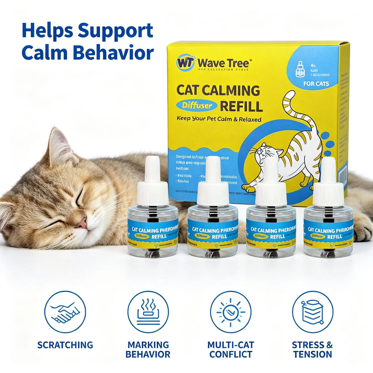 Wavetree Cat Calming Pheromone Diffuser Refill Kit (4 Pack, 120-Day Supply) - 48 ml Odorless Non-Toxic Liquid for Stress Relief in Cats during Environmental Changes, Perfect for Living Spaces