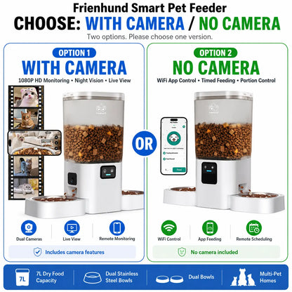 Frienhund Dual Camera Smart Pet Feeder - Options for Camera Integration, 7L Dry Food Capacity, 1080P HD Monitoring with Night Vision, Slow Feed Mode, App Remote Control, Timed & Portion Feeding, Dual Stainless Steel Bowls for Multi-Pet Households