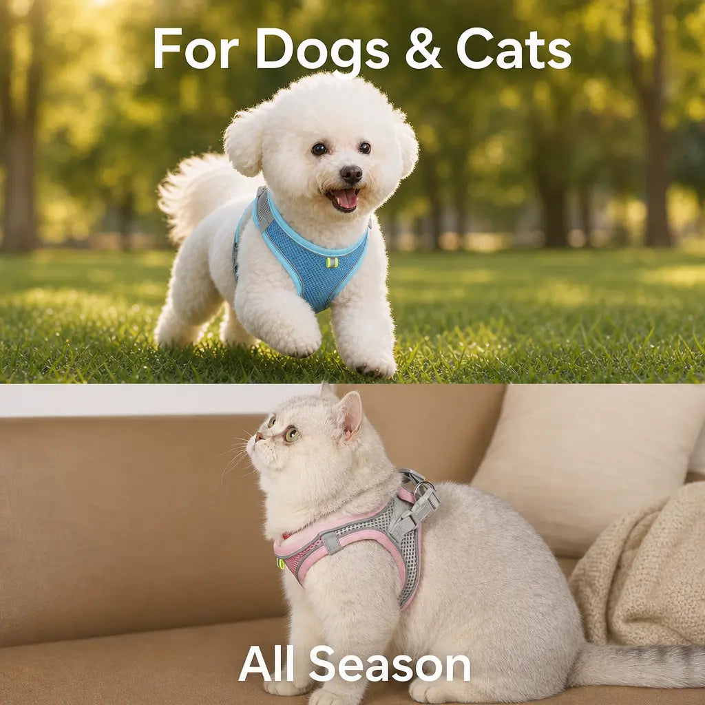 Breathable Mesh Pet Harness and Leash Set - No Pull, Escape-Proof Vest with Reflective Strip for Small to Medium Dogs and Cats - Adjustable Soft Padded Design for Walking and Training