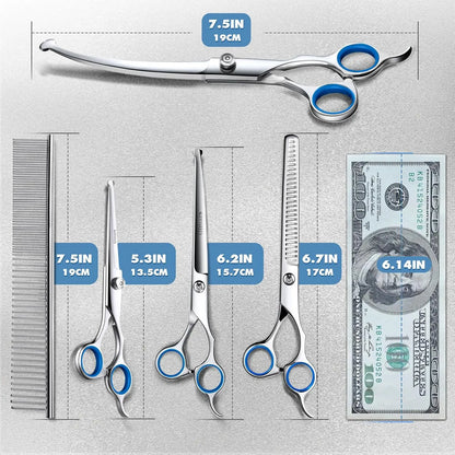 9-In-1 Professional Grooming Scissors Kit for Dogs and Cats - Ergonomic Design with Precise Cutting, Rounded Tips, Thinning Shears, Nail Clipper, File, Steel Comb, and Storage Case for Small to Medium Pets and Beginners
