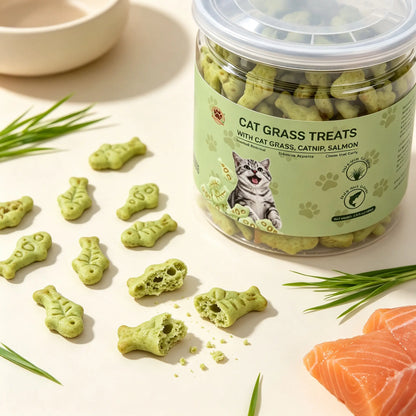 Freeze-Dried Salmon Cat Grass Treats - Fish-Shaped Hairball Aid Snacks for Kittens, Supporting Dental Health, Fresh Breath, and Cat Training