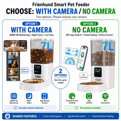 Frienhund Dual Camera Smart Pet Feeder - Options for Camera Integration, 7L Dry Food Capacity, 1080P HD Monitoring with Night Vision, Slow Feed Mode, App Remote Control, Timed & Portion Feeding, Dual Stainless Steel Bowls for Multi-Pet Households