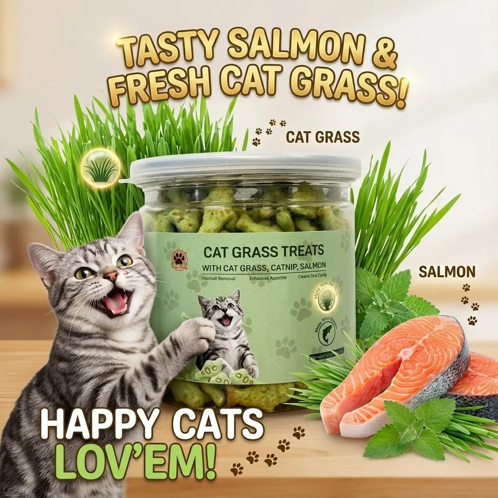 Freeze-Dried Salmon Cat Grass Treats - Fish-Shaped Hairball Aid Snacks for Kittens, Supporting Dental Health, Fresh Breath, and Cat Training