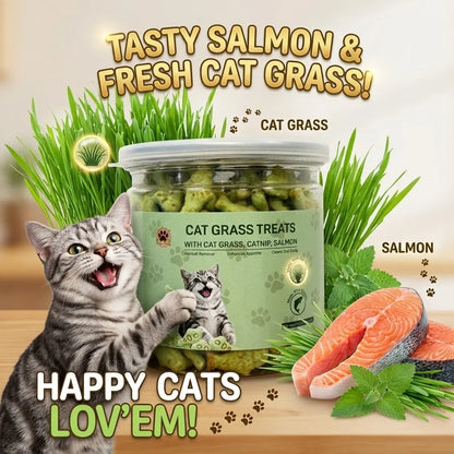 Freeze-Dried Salmon Cat Grass Treats - Fish-Shaped Hairball Aid Snacks for Kittens, Supporting Dental Health, Fresh Breath, and Cat Training