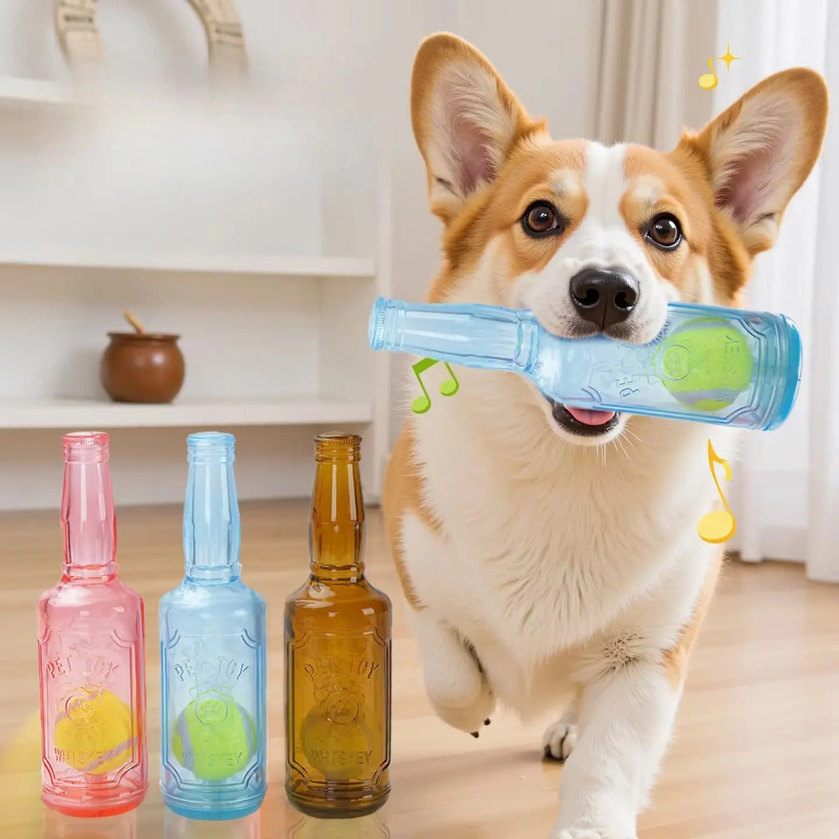 TPR Plastic Bottle-Shaped Dog Chew Toy with Tennis Ball - Interactive Fetch and Tug Toy for Small to Medium Dogs, Durable for Dental Relief and Indoor-Outdoor Play