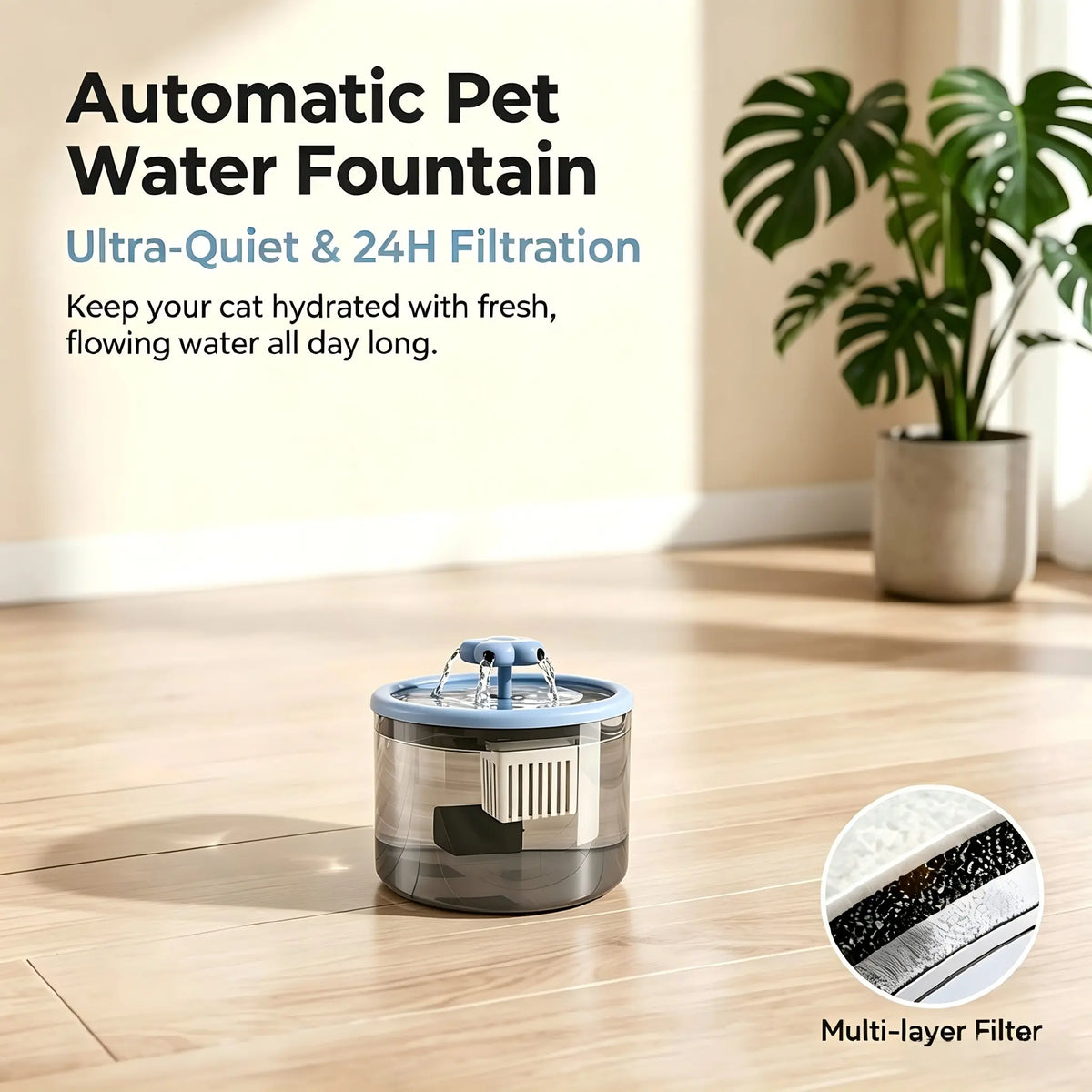 Cat Water Fountain Dispenser with Transparent Design, Quiet Operation, USB Power, and Recirculating Filter for Indoor Use