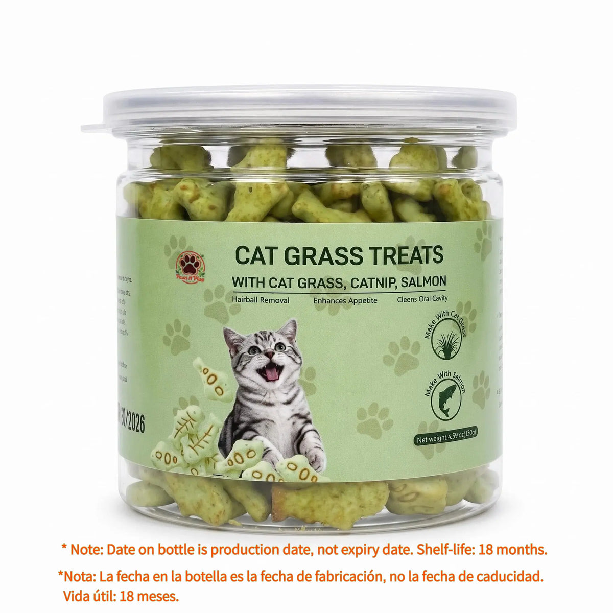 Freeze-Dried Salmon Cat Grass Treats - Fish-Shaped Hairball Aid Snacks for Kittens, Supporting Dental Health, Fresh Breath, and Cat Training