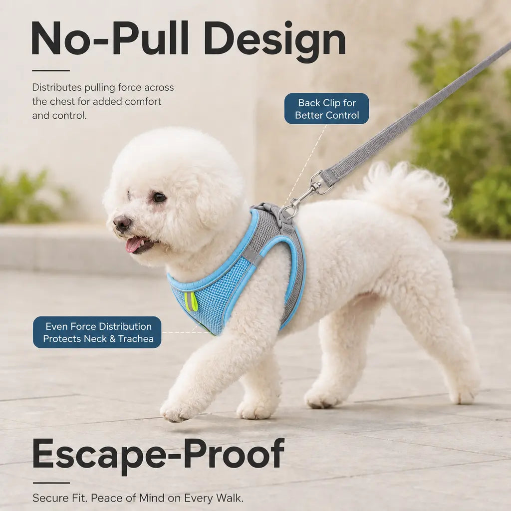Breathable Mesh Pet Harness and Leash Set - No Pull, Escape-Proof Vest with Reflective Strip for Small to Medium Dogs and Cats - Adjustable Soft Padded Design for Walking and Training